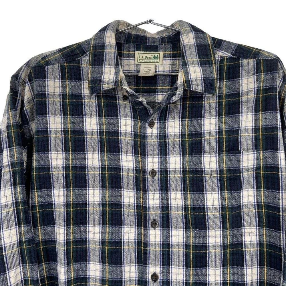 LL Bean Mens Flannel Shirt Large Tall Navy Green Plaid Cotton Button Down 228066